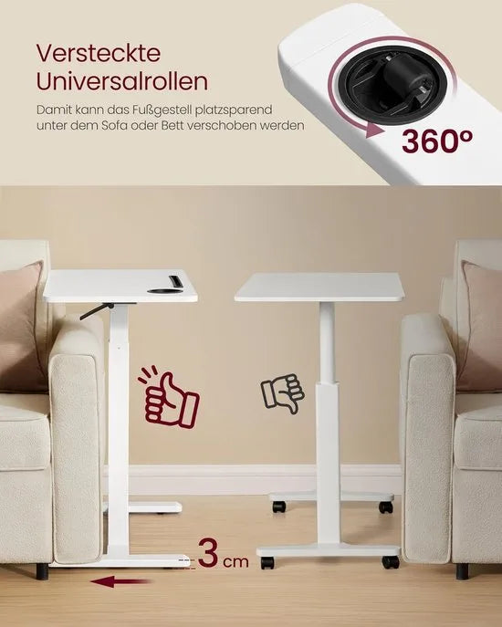 FurnStar Bijzettafel met wieltjes – Verstelbare hoogte- Mobiele statafel 80 x 45 cm – Voor woonkamer en slaapkamer – Wolkenwit