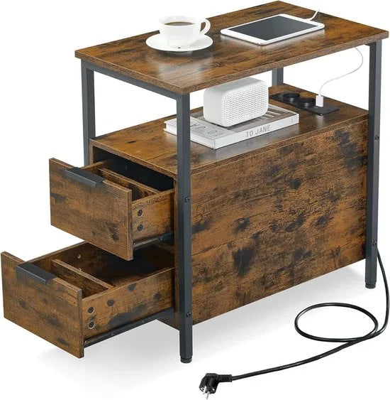 FurnStar - Bijzettafel - Nachtkastje met stekkerdoos - 2 Laden - Banktafel - Nachtkastje voor woonkamer - Slaapkamer - Vintage bruin + Inktzwart