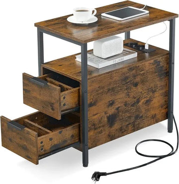 FurnStar - Bijzettafel - Nachtkastje met stekkerdoos - 2 Laden - Banktafel - Nachtkastje voor woonkamer - Slaapkamer - Vintage bruin + Inktzwart