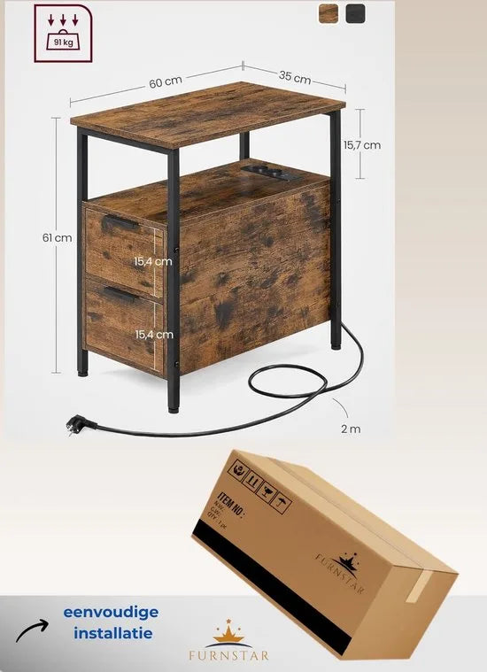 FurnStar - Bijzettafel - Nachtkastje met stekkerdoos - 2 Laden - Banktafel - Nachtkastje voor woonkamer - Slaapkamer - Vintage bruin + Inktzwart