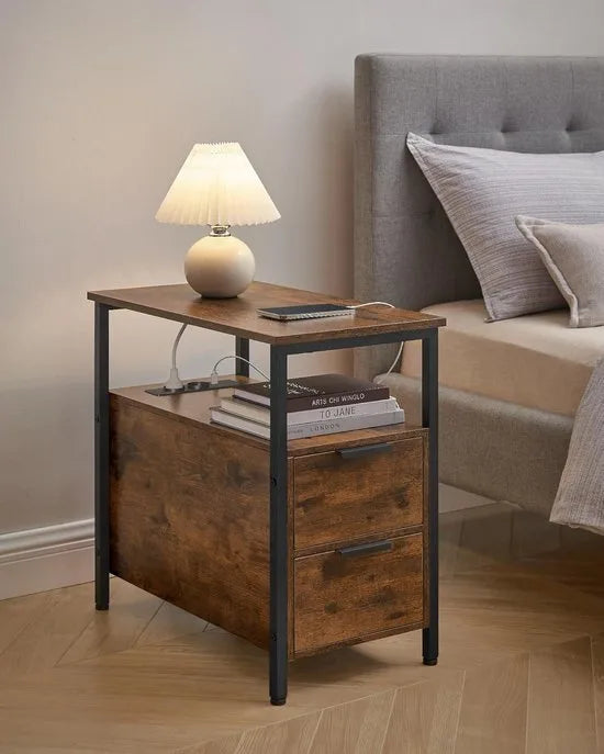 FurnStar - Bijzettafel - Nachtkastje met stekkerdoos - 2 Laden - Banktafel - Nachtkastje voor woonkamer - Slaapkamer - Vintage bruin + Inktzwart