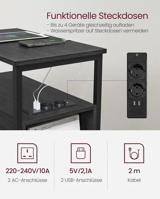 FurnStar - Bijzettafel - Nachtkastje met Stekkerdoos - 2 Laden - Banktafel - Nachtkastje voor Woonkamer en Slaapkamer - Antracietgrijs - Inktzwart