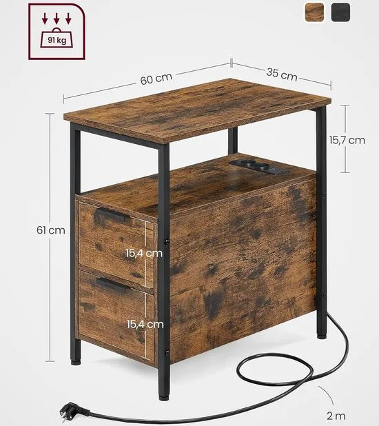FurnStar - Bijzettafel - Nachtkastje met stekkerdoos - 2 Laden - Banktafel - Nachtkastje voor woonkamer - Slaapkamer - Vintage bruin + Inktzwart