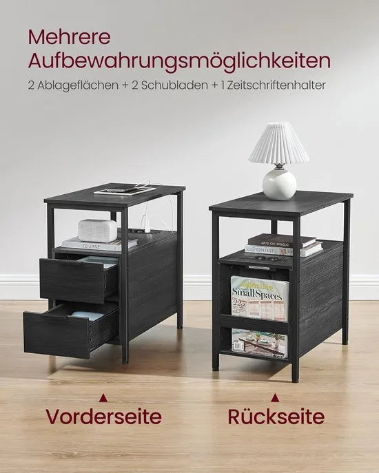 FurnStar - Bijzettafel - Nachtkastje met Stekkerdoos - 2 Laden - Banktafel - Nachtkastje voor Woonkamer en Slaapkamer - Antracietgrijs - Inktzwart