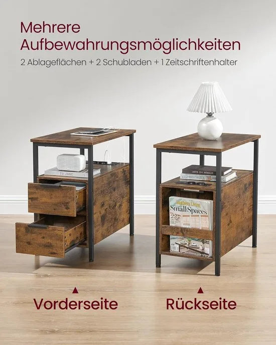 FurnStar - Bijzettafel - Nachtkastje met stekkerdoos - 2 Laden - Banktafel - Nachtkastje voor woonkamer - Slaapkamer - Vintage bruin + Inktzwart