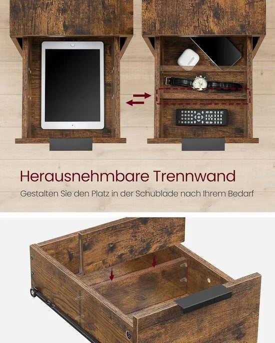 FurnStar - Bijzettafel - Nachtkastje met stekkerdoos - 2 Laden - Banktafel - Nachtkastje voor woonkamer - Slaapkamer - Vintage bruin + Inktzwart