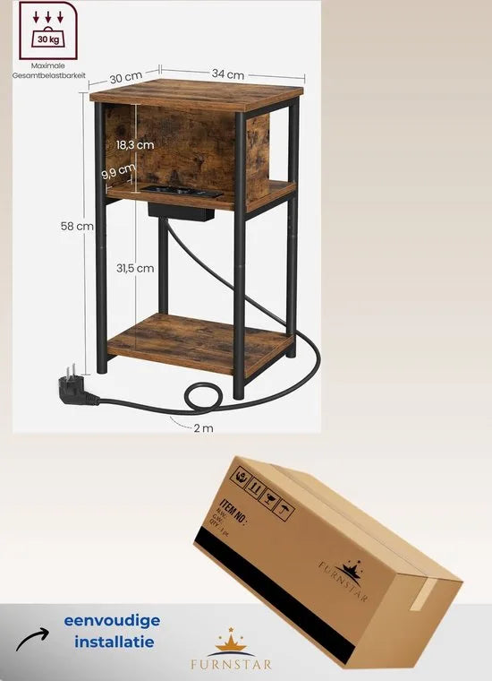 FurnStar - Bijzettafel - nachtkastje met stopcontact - klein - 2 AC-aansluitingen - 2 USB-poorten - 30 x 34 x 58 cm - voor woonkamer - slaapkamer - vintage bruin-zwart