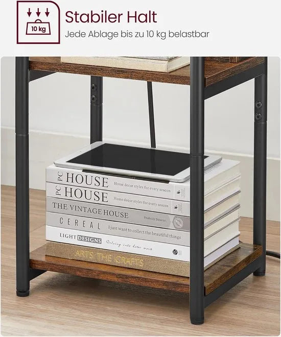 FurnStar - Bijzettafel - nachtkastje met stopcontact - klein - 2 AC-aansluitingen - 2 USB-poorten - 30 x 34 x 58 cm - voor woonkamer - slaapkamer - vintage bruin-zwart