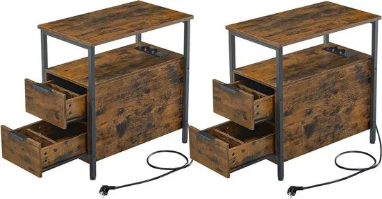 FurnStar - Bijzettafel - set van 2 - nachtkastje met stekkerdoos - 2 laden - banktafel - nachtkastje voor woonkamer - slaapkamer - vintage bruin + inktzwart