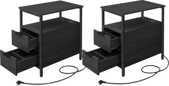 FurnStar - Bijzettafel - set van 2 - nachtkastje met stekkerdoos - 2 laden - banktafel - nachtkastje voor woonkamer - slaapkamer - vintage bruin + inktzwart – Zwart