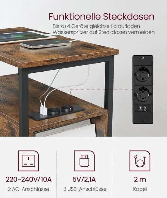 FurnStar - Bijzettafel - set van 2 - nachtkastje met stekkerdoos - 2 laden - banktafel - nachtkastje voor woonkamer - slaapkamer - vintage bruin + inktzwart