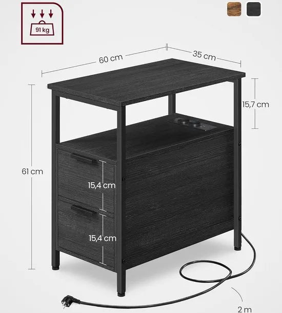 FurnStar - Bijzettafel - set van 2 - nachtkastje met stekkerdoos - 2 laden - banktafel - nachtkastje voor woonkamer - slaapkamer - vintage bruin + inktzwart – Zwart