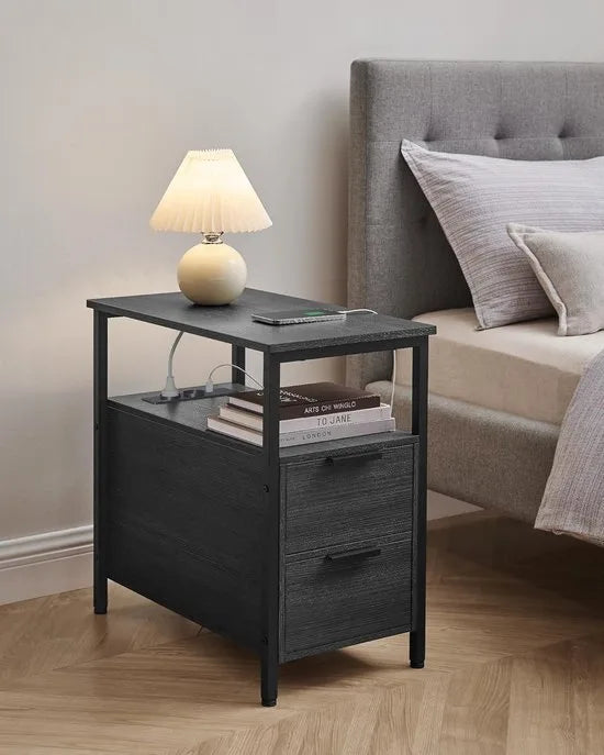 FurnStar - Bijzettafel - set van 2 - nachtkastje met stekkerdoos - 2 laden - banktafel - nachtkastje voor woonkamer - slaapkamer - vintage bruin + inktzwart – Zwart