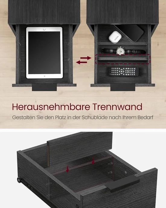FurnStar - Bijzettafel - set van 2 - nachtkastje met stekkerdoos - 2 laden - banktafel - nachtkastje voor woonkamer - slaapkamer - vintage bruin + inktzwart – Zwart