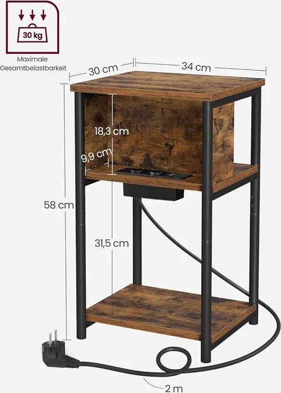 FurnStar - Bijzettafel - Set van 2 - Nachtkastje met stopcontact - Klein - 2 AC-aansluitingen - 2 USB-poorten - 30 x 34 x 58 cm - Voor woonkamer - Slaapkamer - Vintage bruin-Zwart