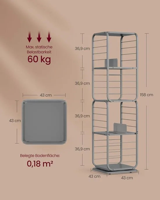 Furnstar Boekenkast – Draaibaar Rek met 4 Niveaus & Boekensteunen – Hoekrek voor Kleine Ruimtes – Stalen Frame – Duifgrijs – LLS127G36