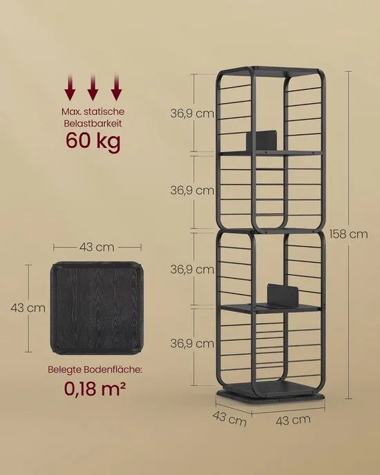 Furnstar Boekenkast – Draaibaar Rek met 4 Niveaus & Boekensteunen – Hoekrek voor Kleine Ruimtes – Stalen Frame – Duifgrijs – LLS127G36 – Inktzwart