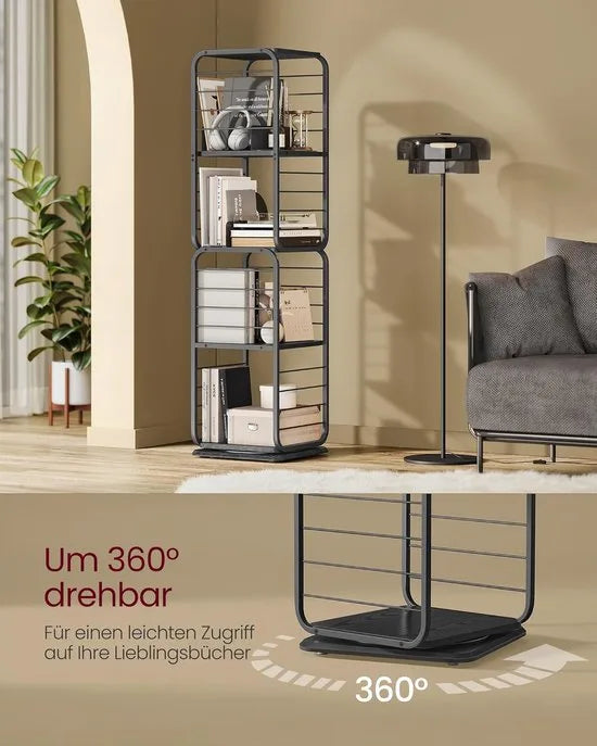 Furnstar Boekenkast – Draaibaar Rek met 4 Niveaus & Boekensteunen – Hoekrek voor Kleine Ruimtes – Stalen Frame – Duifgrijs – LLS127G36 – Inktzwart