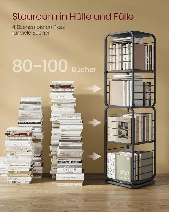 Furnstar Boekenkast – Draaibaar Rek met 4 Niveaus & Boekensteunen – Hoekrek voor Kleine Ruimtes – Stalen Frame – Duifgrijs – LLS127G36 – Inktzwart