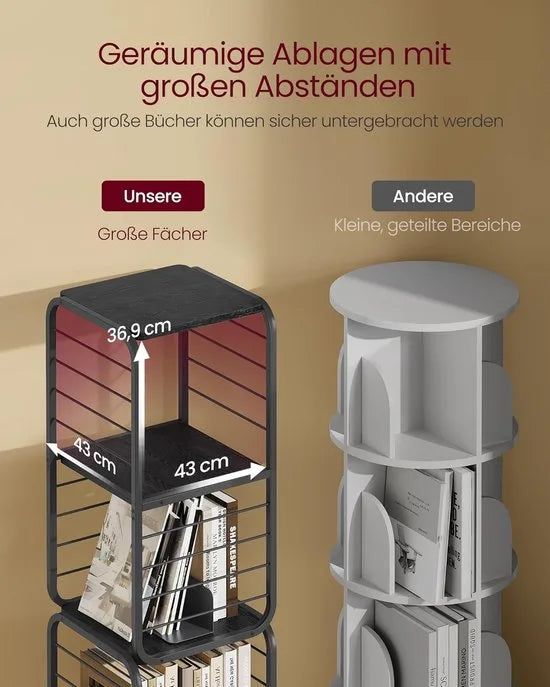 Furnstar Boekenkast – Draaibaar Rek met 4 Niveaus & Boekensteunen – Hoekrek voor Kleine Ruimtes – Stalen Frame – Duifgrijs – LLS127G36 – Inktzwart