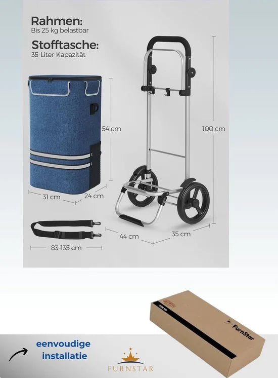 FurnStar - Boodschappentrolley - trolley - winkelwagen met koelvak - groot - 35 liter - inklapbaar - boodschappentas met wielen - afneembare tas - blauw