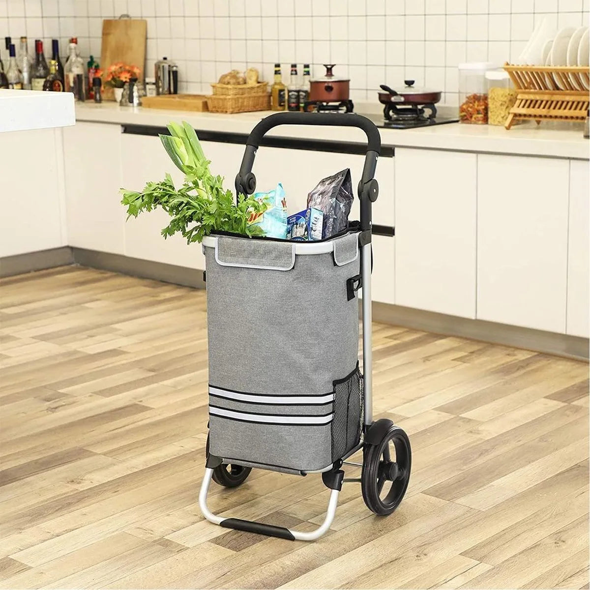 FurnStar - Boodschappentrolley - trolley - winkelwagen met koelvak - groot - 35 liter - inklapbaar - boodschappentas met wielen - afneembare tas - blauw – Grijs