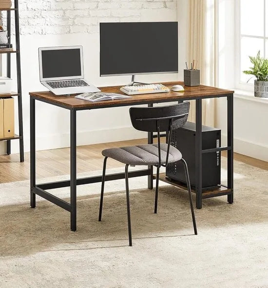 FurnStar - Bureau - Computertafel - Pc-tafel - Bureautafel - Met 2 planken aan de rechter- of linkerkant - Voor kantoor - Woonkamer - Stalen frame - Industrieel design - 60D x 120B x 76H cm - Vintagebruin + Zwart