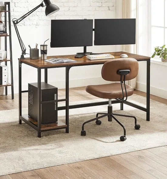FurnStar - Bureau - computertafel - pc-tafel - bureautafel - met 2 planken aan de rechter- of linkerkant - voor kantoor - woonkamer - stalen frame - industrieel design - 60D x 140B x 76H cm - vintabruin + zwart.