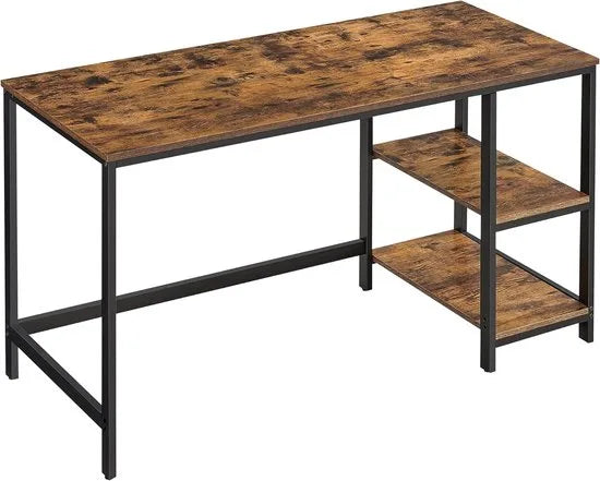 FurnStar - Bureau - computertafel - pc-tafel - bureautafel - met 2 planken aan de rechter- of linkerkant - voor kantoor - woonkamer - stalen frame - industrieel design - 60D x 140B x 76H cm - vintabruin + zwart.