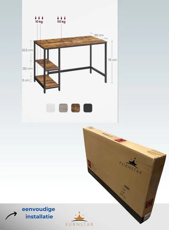 FurnStar - Bureau - Computertafel - Pc-tafel - Bureautafel - Met 2 planken aan de rechter- of linkerkant - Voor kantoor - Woonkamer - Stalen frame - Industrieel design - 60D x 120B x 76H cm - Vintagebruin + Zwart