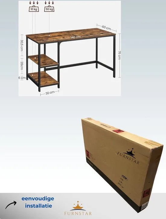 FurnStar - Bureau - computertafel - pc-tafel - bureautafel - met 2 planken aan de rechter- of linkerkant - voor kantoor - woonkamer - stalen frame - industrieel design - 60D x 140B x 76H cm - vintabruin + zwart.