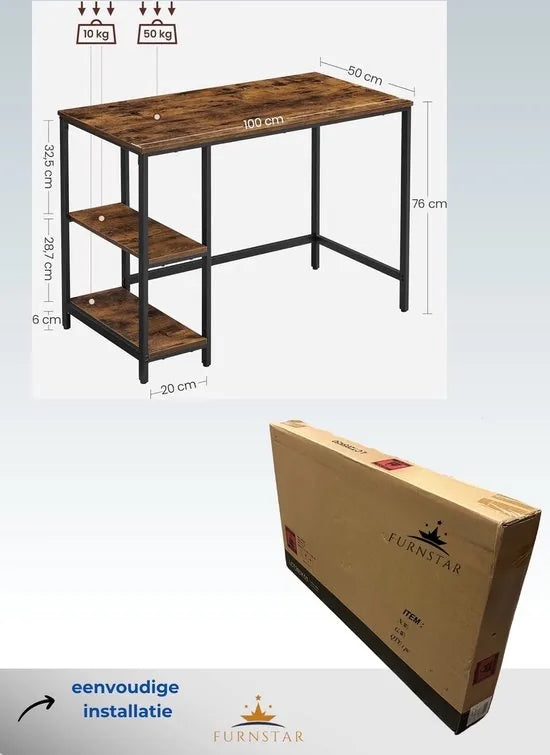 FurnStar - Bureau - Computertafel - Pc-tafel - Bureautafel - Met 2 planken aan de rechter- of linkerkant - Voor kantoor - Woonkamer - Stalen frame - Industrieel design - 50D x 100B x 76H cm - Zwart. – Vintabruin + zwart.