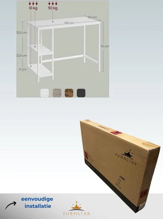 FurnStar - Bureau - Computertafel - Pc-tafel - Bureautafel - Met 2 planken aan de rechter- of linkerkant - Voor kantoor - Woonkamer - Stalen frame - Industrieel design - 50D x 100B x 76H cm - Zwart. – Esdoornwit