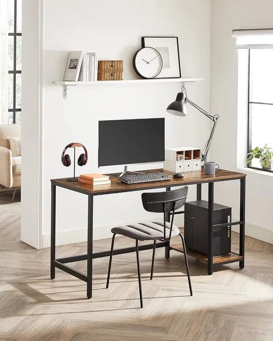 FurnStar - Bureau - computertafel - pc-tafel - bureautafel - met 2 planken aan de rechter- of linkerkant - voor kantoor - woonkamer - stalen frame - industrieel design - 60D x 140B x 76H cm - vintabruin + zwart.