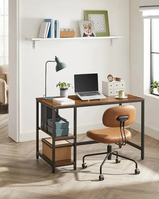 FurnStar - Bureau - Computertafel - Pc-tafel - Bureautafel - Met 2 planken aan de rechter- of linkerkant - Voor kantoor - Woonkamer - Stalen frame - Industrieel design - 60D x 120B x 76H cm - Vintagebruin + Zwart