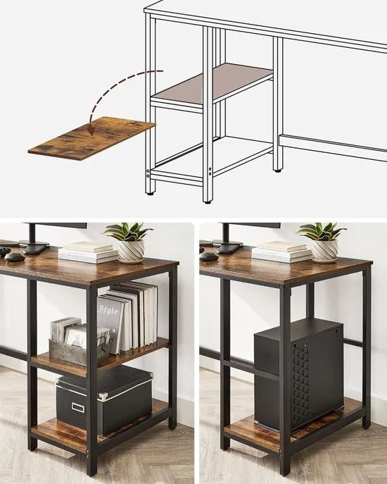 FurnStar - Bureau - computertafel - pc-tafel - bureautafel - met 2 planken aan de rechter- of linkerkant - voor kantoor - woonkamer - stalen frame - industrieel design - 60D x 140B x 76H cm - vintabruin + zwart.