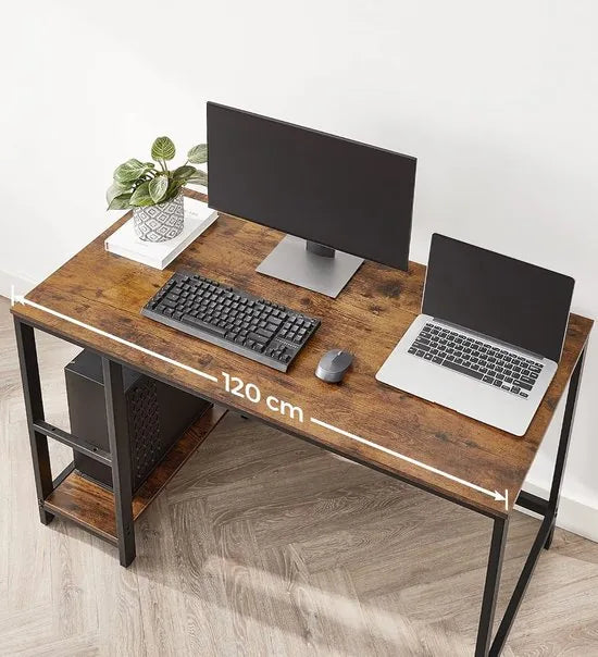 FurnStar - Bureau - Computertafel - Pc-tafel - Bureautafel - Met 2 planken aan de rechter- of linkerkant - Voor kantoor - Woonkamer - Stalen frame - Industrieel design - 60D x 120B x 76H cm - Vintagebruin + Zwart