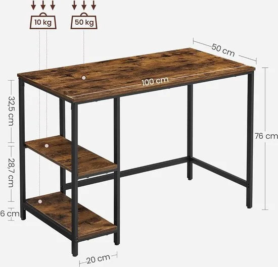 FurnStar - Bureau - Computertafel - Pc-tafel - Bureautafel - Met 2 planken aan de rechter- of linkerkant - Voor kantoor - Woonkamer - Stalen frame - Industrieel design - 50D x 100B x 76H cm - Zwart. – Vintabruin + zwart.