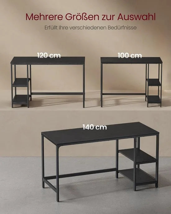 FurnStar - Bureau - Computertafel - Pc-tafel - Bureautafel - Met 2 planken aan de rechter- of linkerkant - Voor kantoor - Woonkamer - Stalen frame - Industrieel design - 50D x 100B x 76H cm - Zwart.