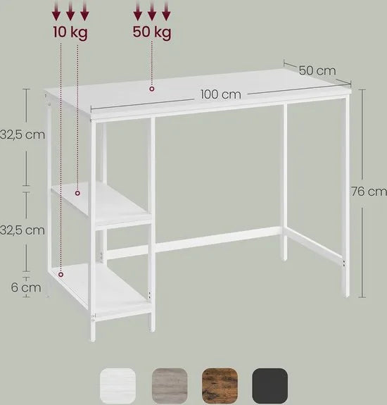 FurnStar - Bureau - Computertafel - Pc-tafel - Bureautafel - Met 2 planken aan de rechter- of linkerkant - Voor kantoor - Woonkamer - Stalen frame - Industrieel design - 50D x 100B x 76H cm - Esdoornwit