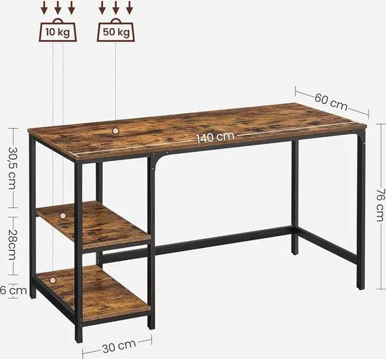 FurnStar - Bureau - computertafel - pc-tafel - bureautafel - met 2 planken aan de rechter- of linkerkant - voor kantoor - woonkamer - stalen frame - industrieel design - 60D x 140B x 76H cm - vintabruin + zwart.