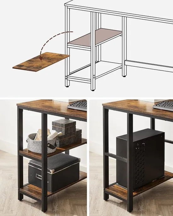 FurnStar - Bureau - Computertafel - Pc-tafel - Bureautafel - Met 2 planken aan de rechter- of linkerkant - Voor kantoor - Woonkamer - Stalen frame - Industrieel design - 60D x 120B x 76H cm - Vintagebruin + Zwart