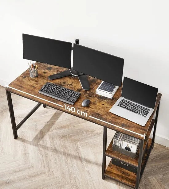 FurnStar - Bureau - computertafel - pc-tafel - bureautafel - met 2 planken aan de rechter- of linkerkant - voor kantoor - woonkamer - stalen frame - industrieel design - 60D x 140B x 76H cm - vintabruin + zwart.