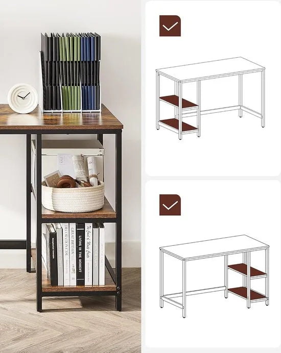 FurnStar - Bureau - computertafel - pc-tafel - bureautafel - met 2 planken aan de rechter- of linkerkant - voor kantoor - woonkamer - stalen frame - industrieel design - 60D x 140B x 76H cm - vintabruin + zwart.