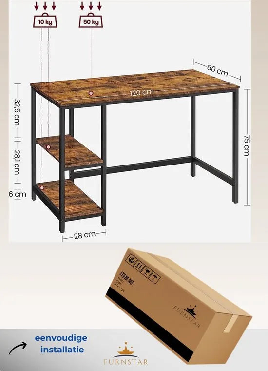 FurnStar - Bureau - computertafel - pc-tafel - bureautafel - met 2 planken rechts of links 120 x 60 x 75 cm - voor kantoor - woonkamer - stalen frame - industrieel ontwerp - vintage bruin-zwart