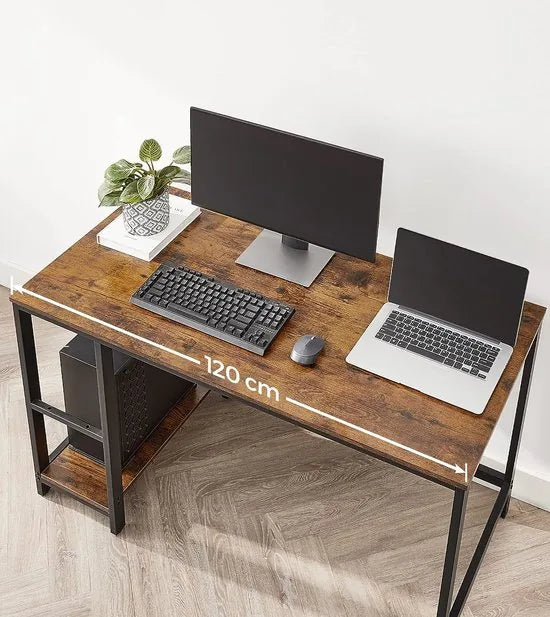 FurnStar - Bureau - computertafel - pc-tafel - bureautafel - met 2 planken rechts of links 120 x 60 x 75 cm - voor kantoor - woonkamer - stalen frame - industrieel ontwerp - vintage bruin-zwart