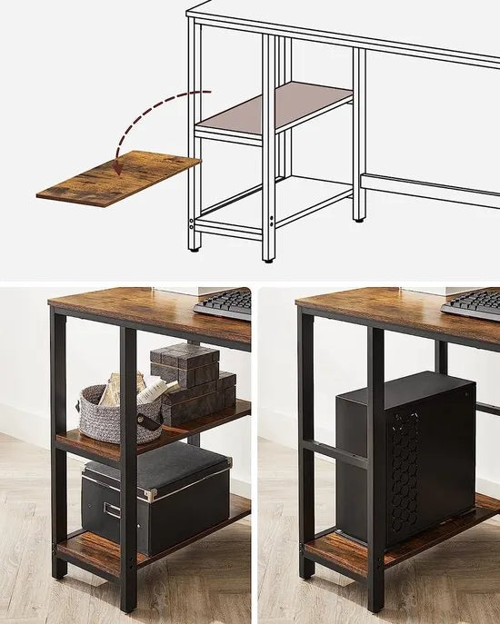FurnStar - Bureau - computertafel - pc-tafel - bureautafel - met 2 planken rechts of links 120 x 60 x 75 cm - voor kantoor - woonkamer - stalen frame - industrieel ontwerp - vintage bruin-zwart