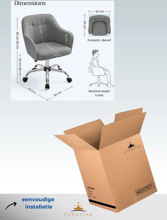 FurnStar - Bureaustoel - Comfortabele Draaistoel - Ergonomische Zitting - In Hoogte Verstelbaar - Belasting 120kg - Stalen Frame - Imitatie Linnen Kantoor - Grijs