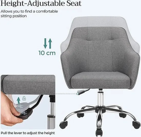FurnStar - Bureaustoel - Comfortabele Draaistoel - Ergonomische Zitting - In Hoogte Verstelbaar - Belasting 120kg - Stalen Frame - Imitatie Linnen Kantoor - Grijs