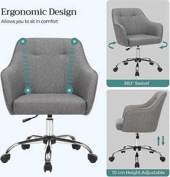 FurnStar - Bureaustoel - Comfortabele Draaistoel - Ergonomische Zitting - In Hoogte Verstelbaar - Belasting 120kg - Stalen Frame - Imitatie Linnen Kantoor - Grijs